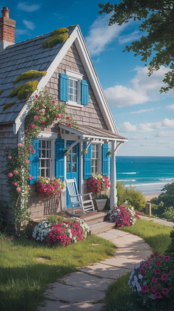 A beautiful coastal cottage with blue shutters, flower boxes, and a path leading to the ocean.