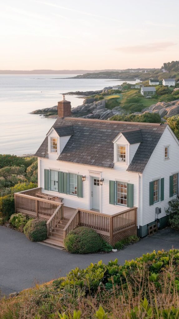 Beautiful coastal cottage with white siding, green shutters, and a deck, on a rocky coastline overlooking the sea.