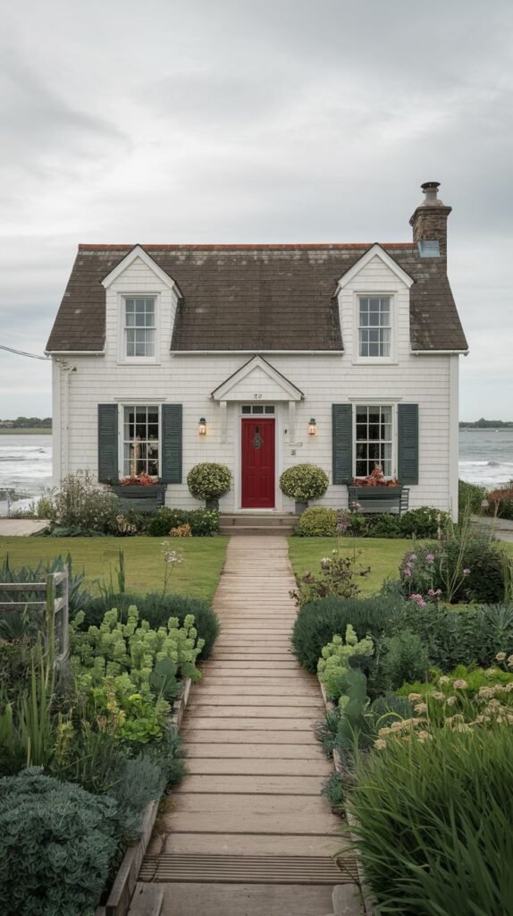 Beautiful coastal cottage with white siding, green shutters, a red door, and a garden path leading to it.