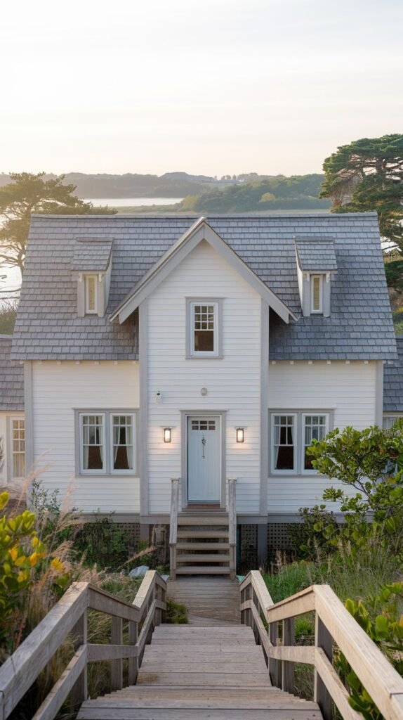 Beautiful coastal cottage with white siding and a grey roof, viewed from wooden stairs leading up to it.