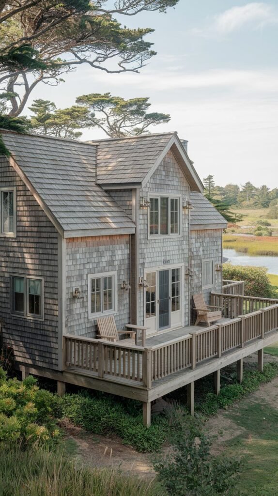 Beautiful coastal cottage with shingle siding and a large deck overlooking water and trees.