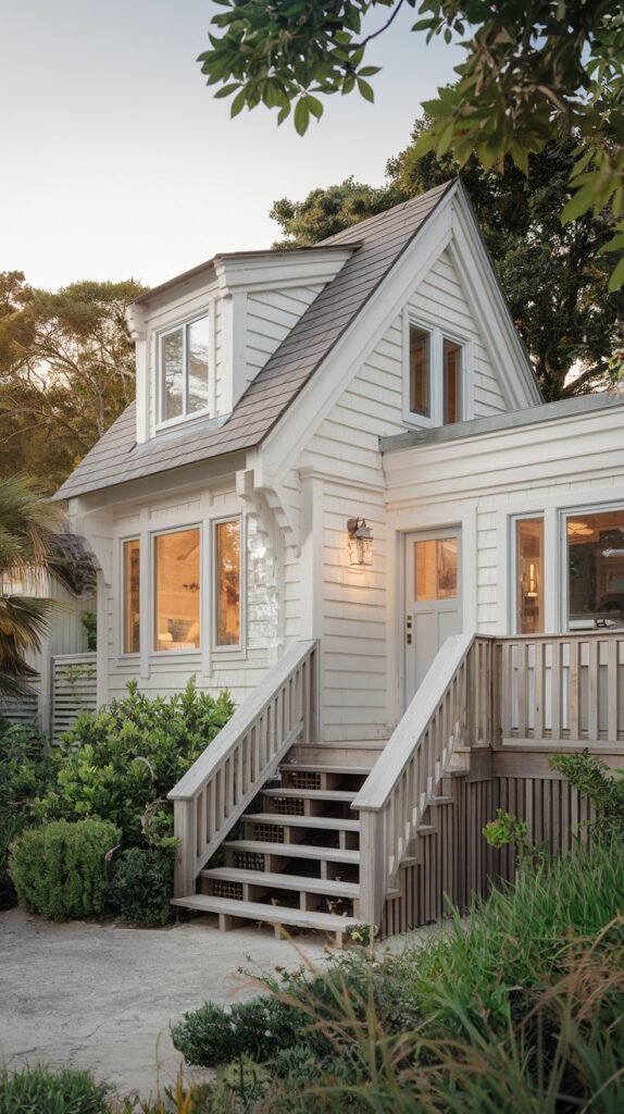 Beautiful coastal cottage with white siding and wooden stairs leading up to the entrance.