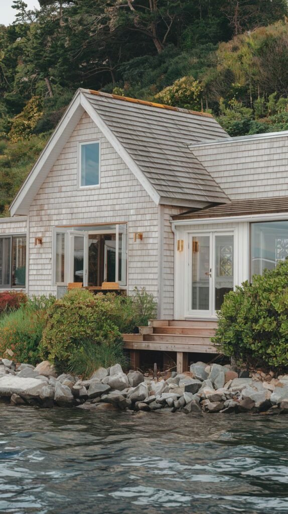 Beautiful coastal cottage with shingle siding and a deck built near a rocky waterfront.