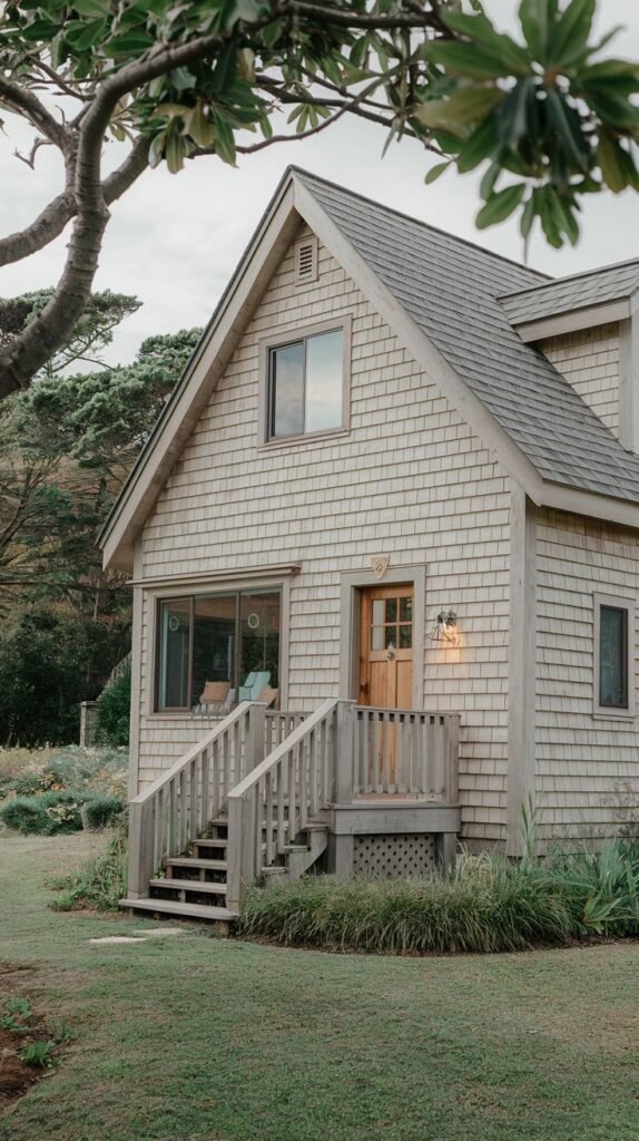 Beautiful coastal cottage with shingle siding, wooden stairs, and a small porch.