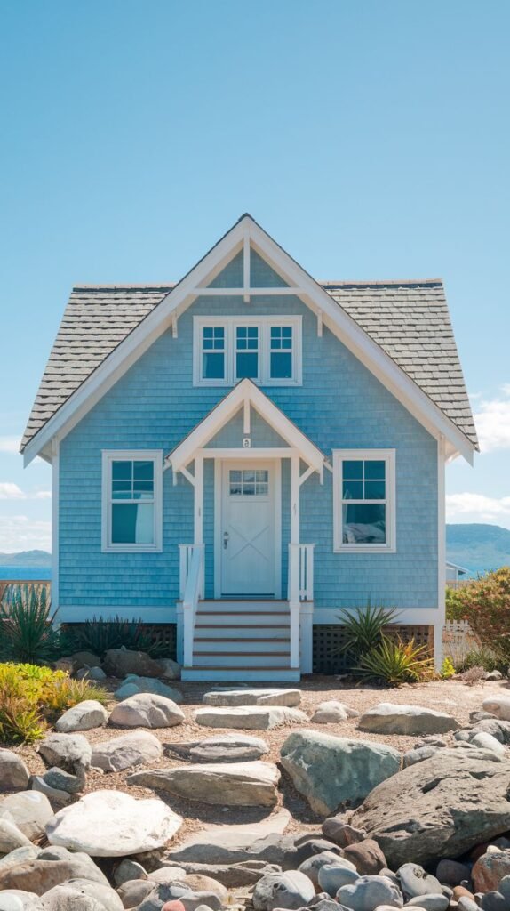 Beautiful coastal cottage with light blue siding and white trim, approached via stepping stones and rocks.
