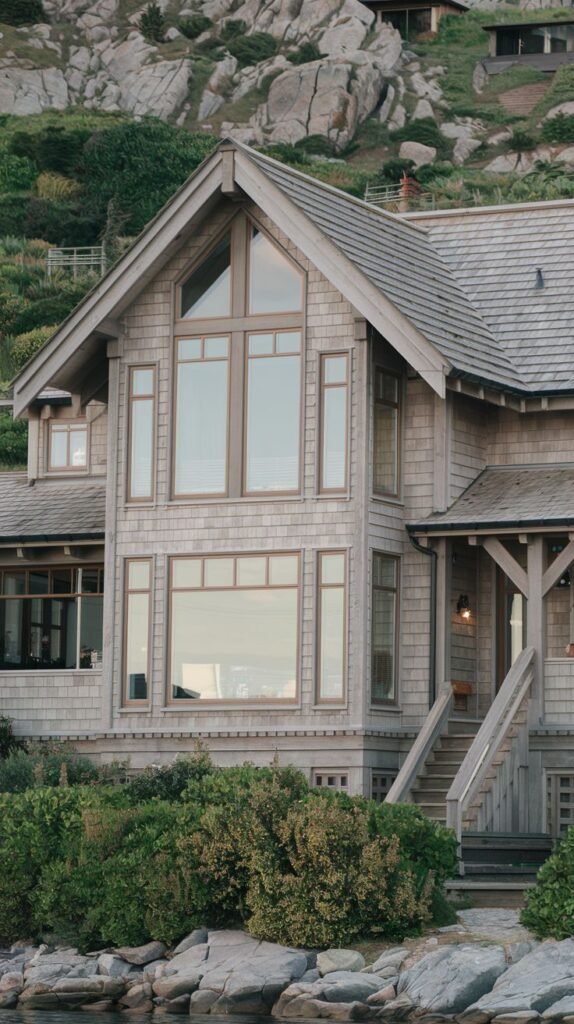 Beautiful coastal cottage style large house with shingle siding and multiple large windows, located near rocky terrain.