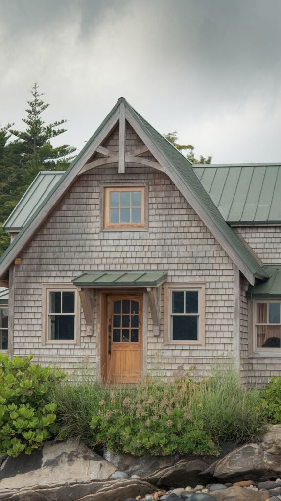 Beautiful coastal cottage with wood shingles, a green roof, and surrounded by greenery and rocks.