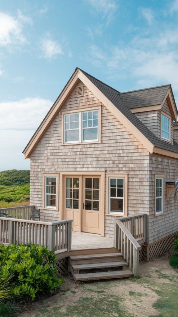 Beautiful coastal cottage with shingle siding, a large deck, and stairs, set amidst coastal vegetation.