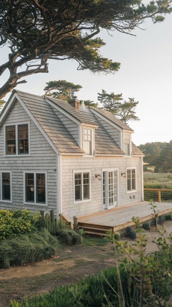 Beautiful coastal cottage with light grey shingle siding and a large deck, next to a large tree.