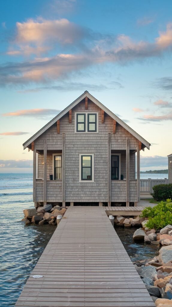 Beautiful coastal cottage on stilts over the water, with a wooden walkway leading to it.
