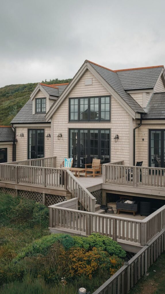 Beautiful coastal cottage style house with shingle siding, large windows, and multiple decks with railings.