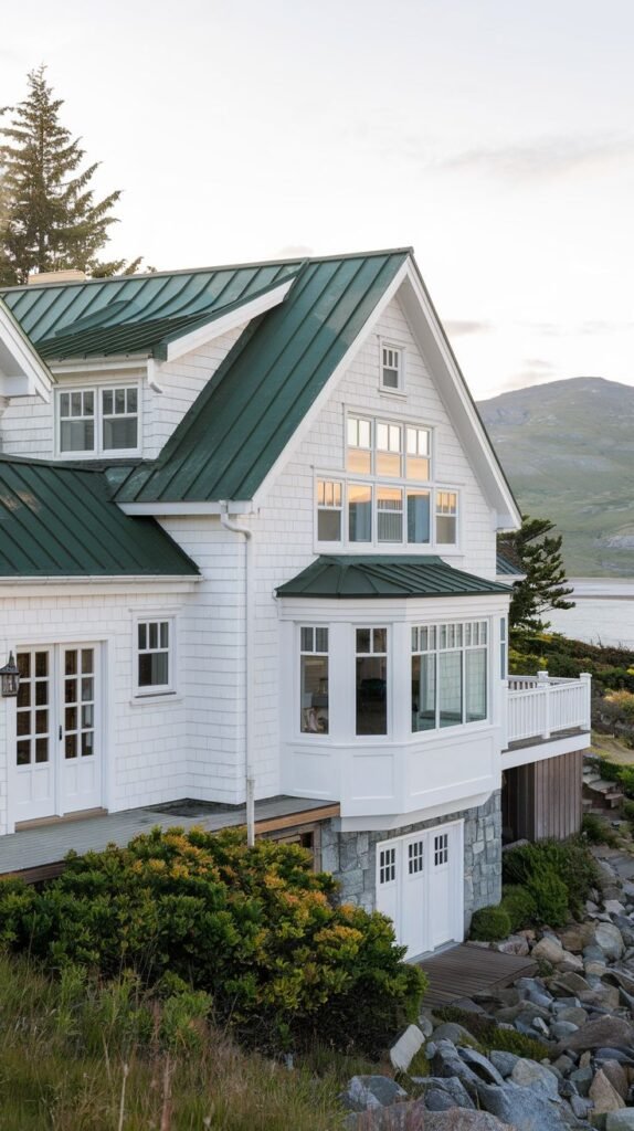 Beautiful coastal cottage style house with white siding and a green metal roof, with a bay window and deck overlooking the water.