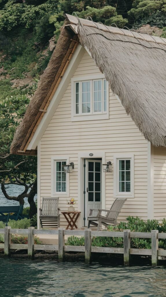 Beautiful coastal cottage with light yellow siding and a thatched roof, with chairs set up near the water.
