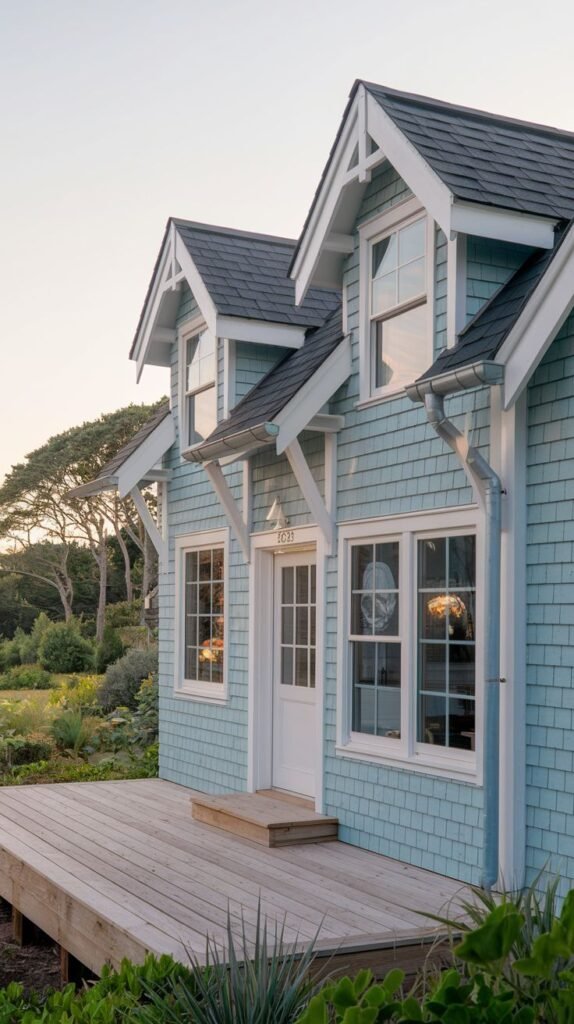 Beautiful coastal cottage with blue siding and a large wooden deck.