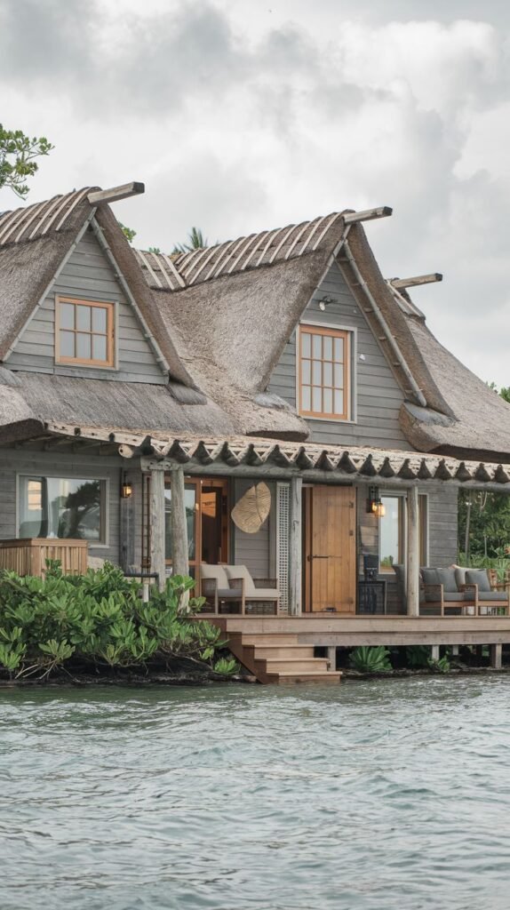 Beautiful coastal cottage with a thatched roof and wooden deck overlooking the water.