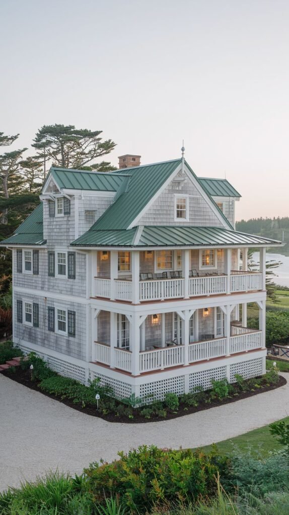 Beautiful coastal cottage style multi-story house with a green roof and wrap-around porch.