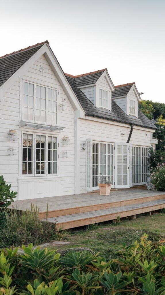 Beautiful coastal cottage with white siding, large windows, and a wooden deck.