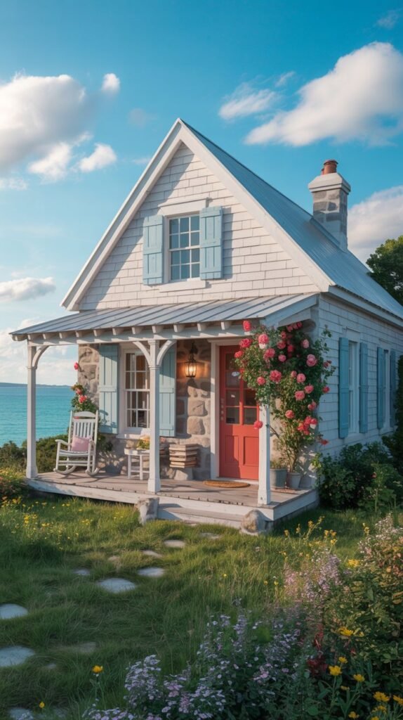 Beautiful coastal cottage with white siding, blue shutters, a red door, and flowers, located near the ocean.