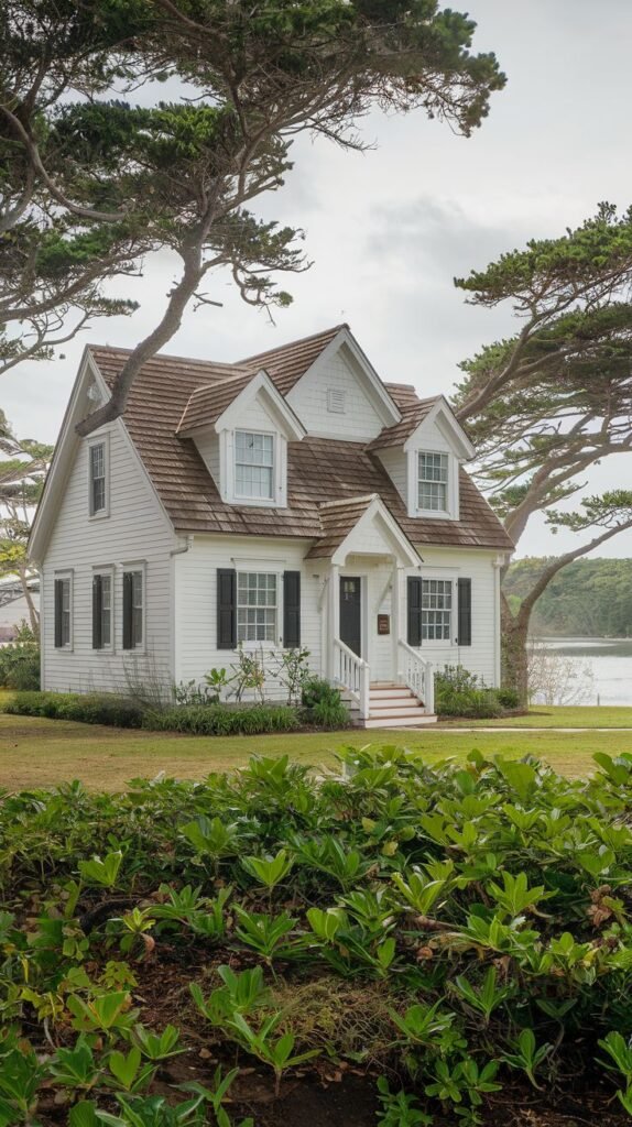 Beautiful coastal cottage with white siding and black shutters, nestled between large trees.