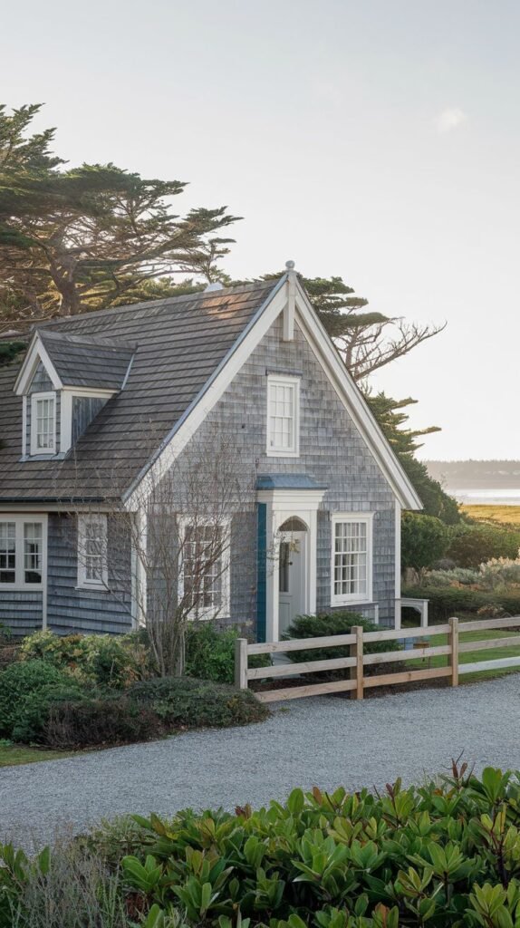 Beautiful coastal cottage with grey shingle siding, white trim, and a fence, situated near the coast.