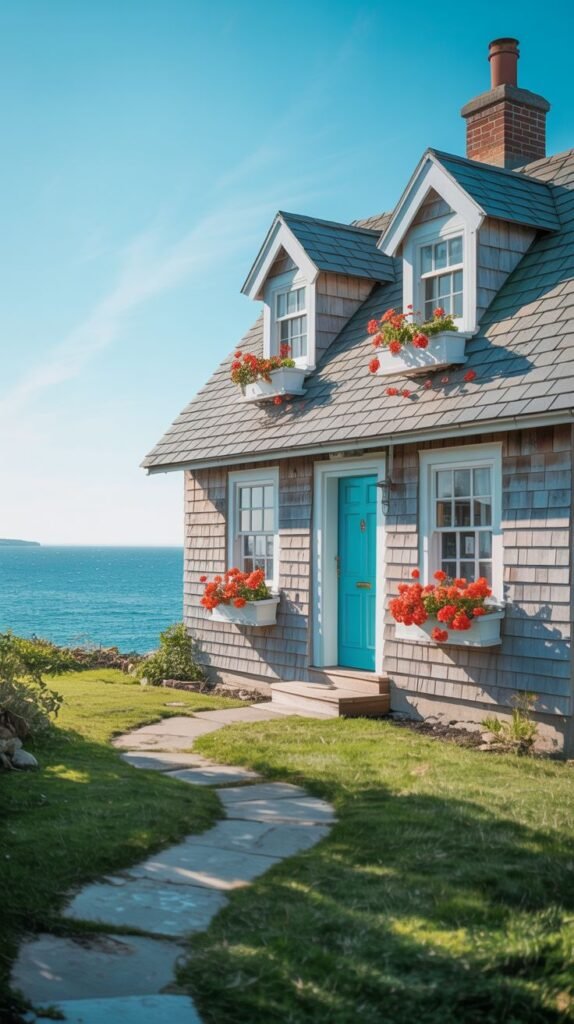 Beautiful coastal cottage with wood shingles, a bright blue door, and flower boxes, overlooking the ocean.