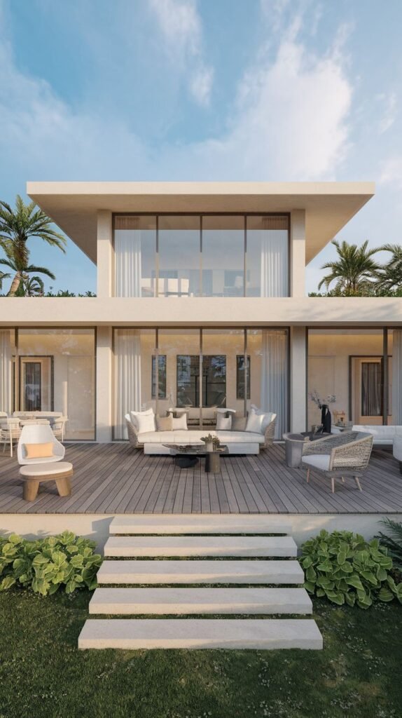 The facade of a sleek modern villa featuring beautiful clean lines, expansive glass doors, and a wooden deck with outdoor furniture.