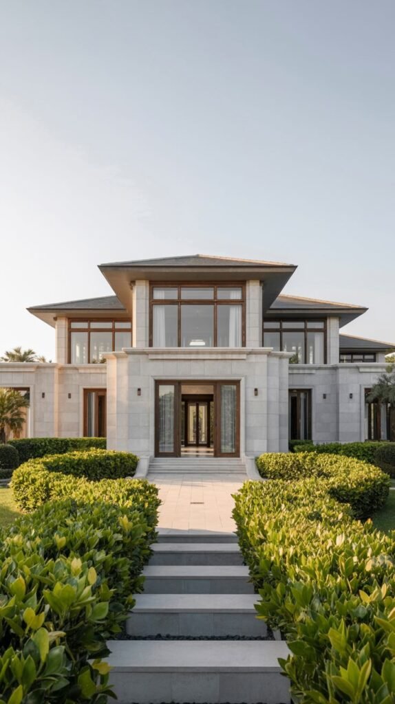 A modern villa facade featuring a grand and beautiful central entrance with large wooden doors, stone cladding, and large windows.