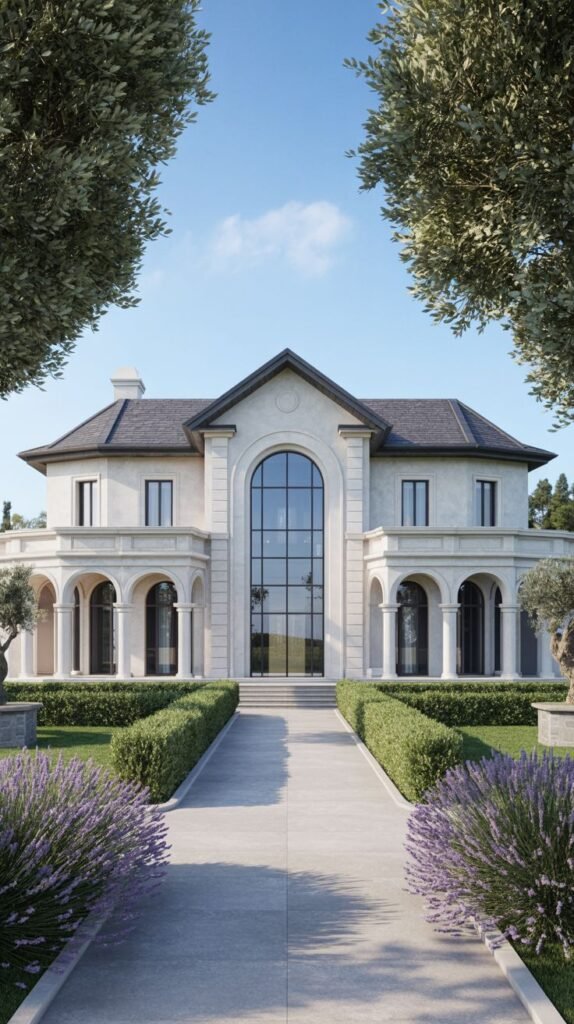 A beautiful facade with neoclassical elements, including prominent arched openings, columns, and a large central arched window, with lavender plants lining the pathway.