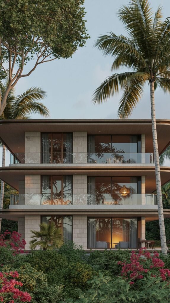 A beautiful, multi-level tropical modern villa facade integrated into lush vegetation, featuring extensive glass balconies and a textured stone exterior.