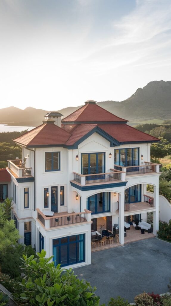 The facade of a beautiful coastal villa with a distinctive red tiled roof, blue window frames and railings, and multiple balconies overlooking the landscape.