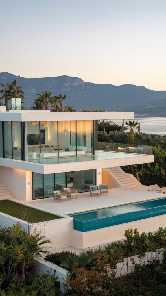 A sleek modern villa facade featuring a dominant infinity pool extending from the upper level, clean white lines, and extensive glass walls overlooking the sea.