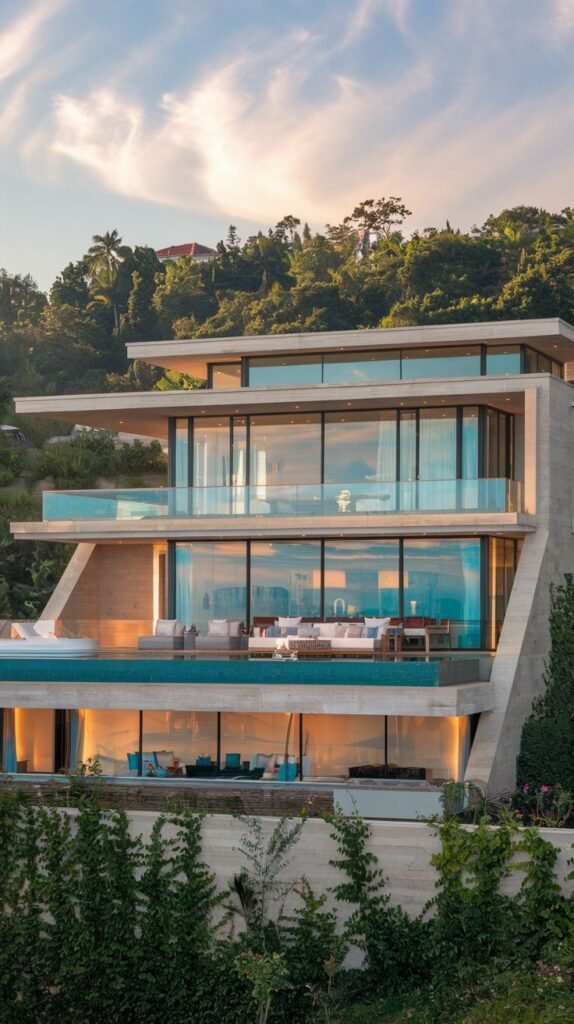 A beautiful, multi-tiered modern villa facade built into a hillside, featuring several levels with glass balconies and pools.