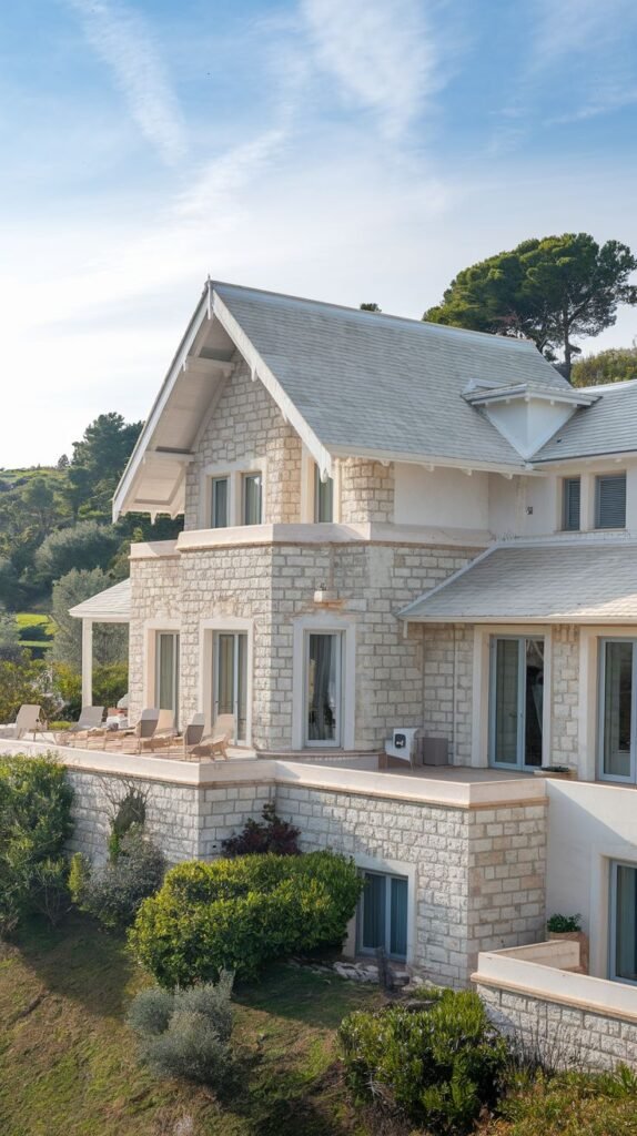 A villa facade featuring stone cladding and a traditional pitched roof, with multiple levels and balconies set within a landscape of trees.