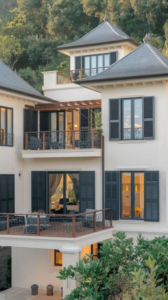 The facade of a villa with dark window shutters, a lighter exterior, and multiple balconies with decorative metal railings.