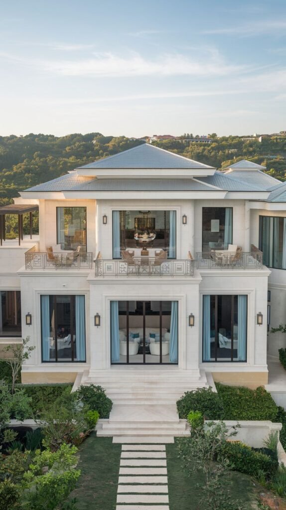 An elegant and beautiful symmetrical villa facade centered around a grand staircase, featuring multiple large windows and balconies with ornate railings.