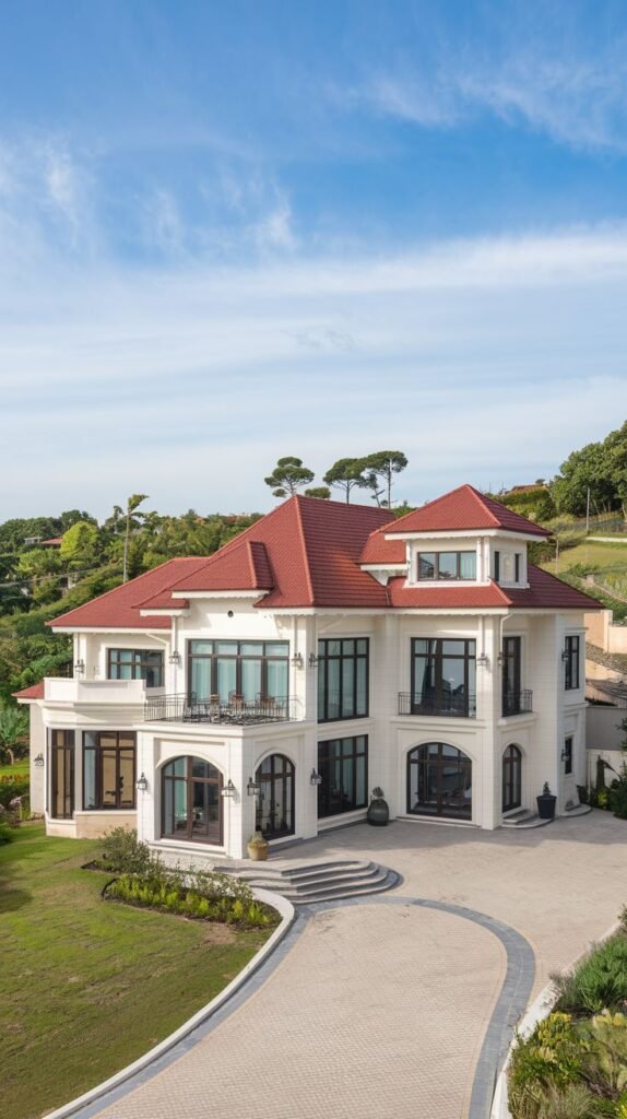 This villa facade features a distinctive red tiled roof and a white exterior, with a beautiful curving paved driveway leading up to the entrance.