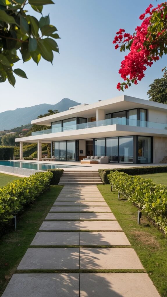 A beautiful modern villa facade with large glass walls and white exterior, seen from a stone pathway leading towards the entrance and an infinity pool.