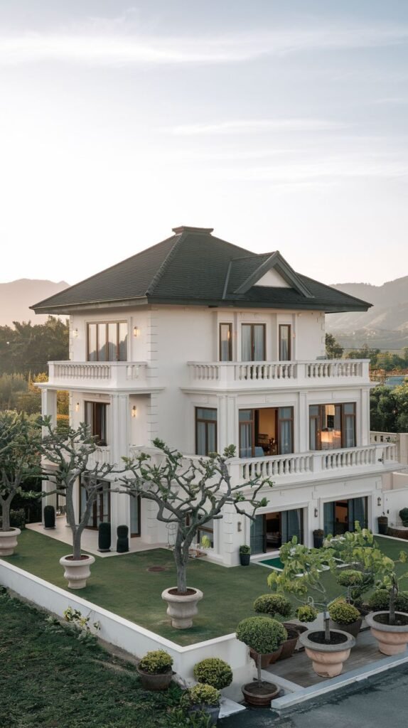 This stately and beautiful villa facade features a white exterior, a dark pitched roof, and a formal landscaped garden with mature trees in pots.