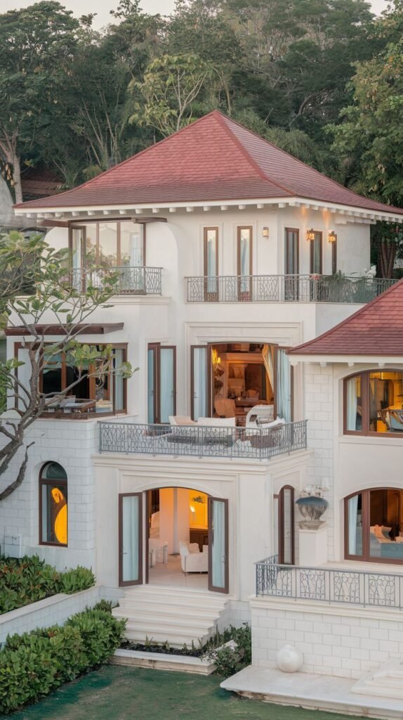 A beautiful, multi-story tropical villa facade with a red tile roof, white walls, and multiple balconies with wrought iron railings.