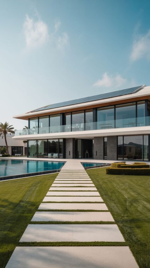 The facade of a modern villa with clean lines, large glass areas, visible solar panels, and a pathway crossing a pool.