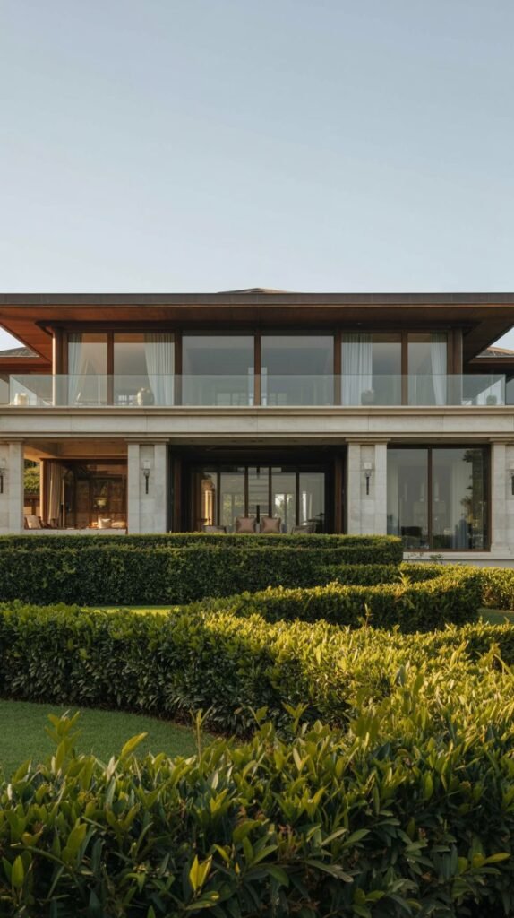 An expansive villa facade featuring multiple levels, terraces, and large windows, framed by meticulously sculpted hedges.