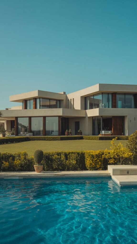 The facade of an angular modern villa with stacked horizontal sections, large windows, and terraced landscaping with a pool.