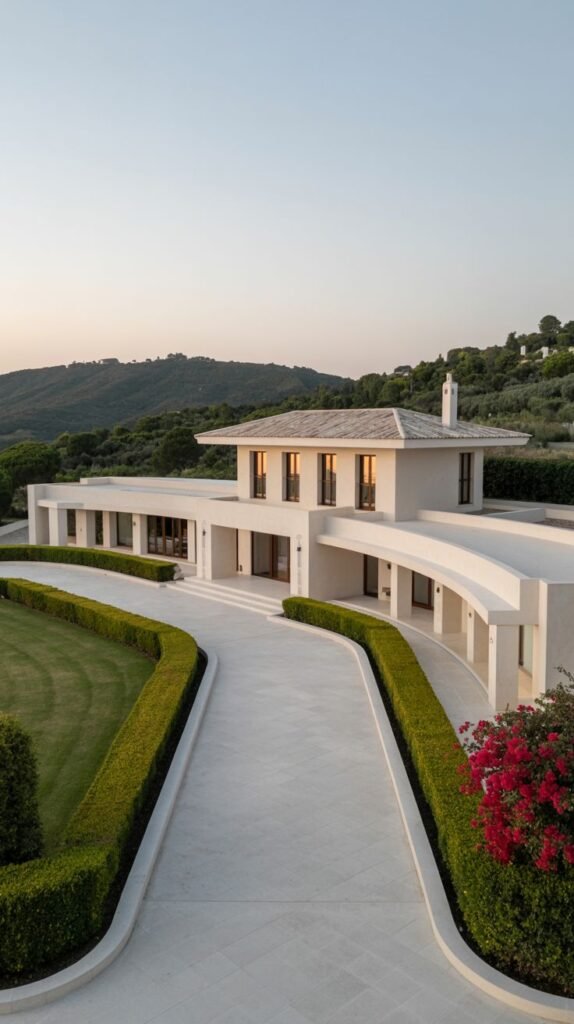 An elegant villa facade with white walls and a distinct roof, featuring a beautiful sweeping curved driveway leading to the entrance.