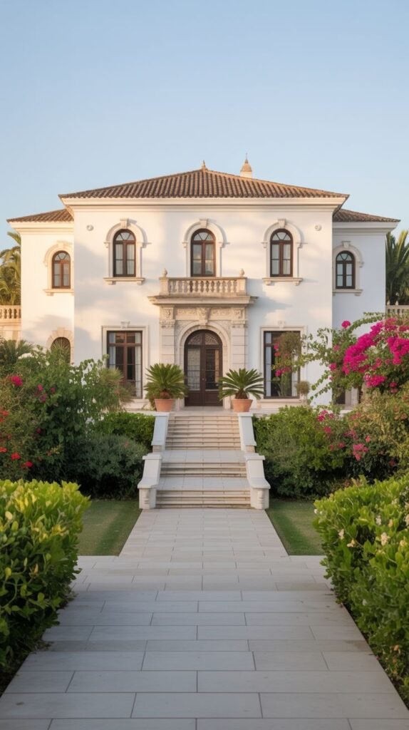 The beautiful facade of a classic Mediterranean-style villa featuring arched windows, a tiled roof, and lush flowering landscaping leading to the entrance.