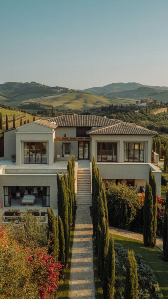 A villa facade set in a beautiful hillside landscape, featuring a tiled roof, light exterior, and cypress trees lining the pathway.