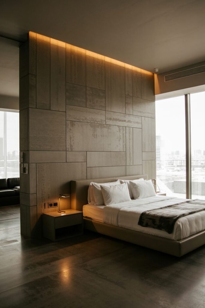 A large bedroom wall is covered with expansive concrete slabs arranged in a staggered pattern, with integrated linear lighting along the top. A minimalist bed with neutral bedding and a fur throw is in front of the wall, with a sleek nightstand and small lamp. Large windows allow natural light.