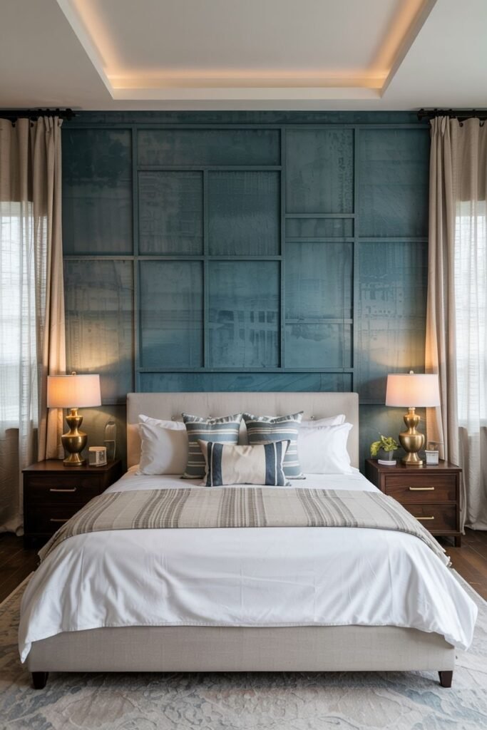 A bedroom features a textured accent wall in a deep blue color with a gridded pattern. Traditional wooden nightstands with lamps flank a bed with white and striped accent pillows. Neutral curtains frame windows, and a patterned rug is on the floor.