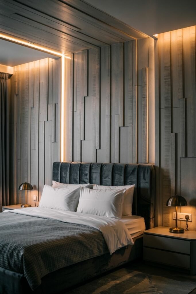 A dark grey accent wall is made of varying lengths of vertical slats with integrated vertical linear lighting. A bed with a dark upholstered headboard and grey bedding is placed against the wall, with modern nightstands and lamps.