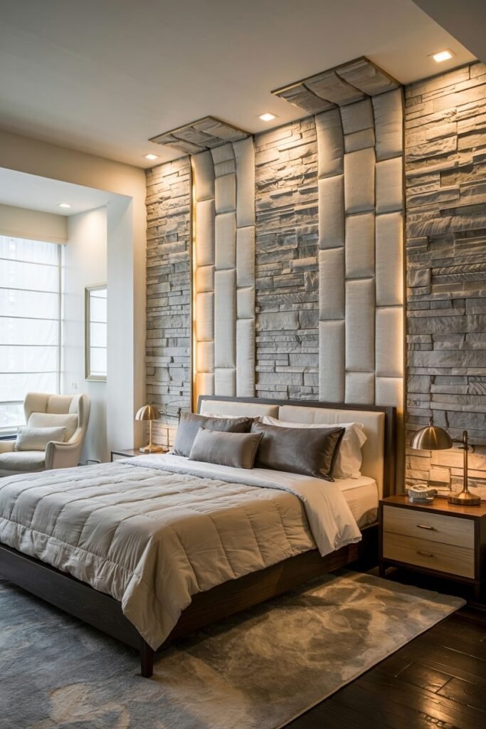 An accent wall combines natural stone blocks with tufted panels arranged in vertical columns, alternating materials. Lighting highlights the textures. A bed with neutral bedding is in front, flanked by wooden nightstands and lamps.