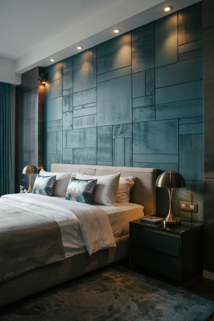 A bedroom wall is covered with large, rectangular textured panels in a dark blue or green hue, arranged in a staggered pattern. Dark nightstands with metallic lamps are on either side of a bed with light bedding and geometric accent pillows.